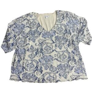Chico’s Pleated Floral Print Blouse Blue White V-Neck Short Sleeve Top Size 1 M